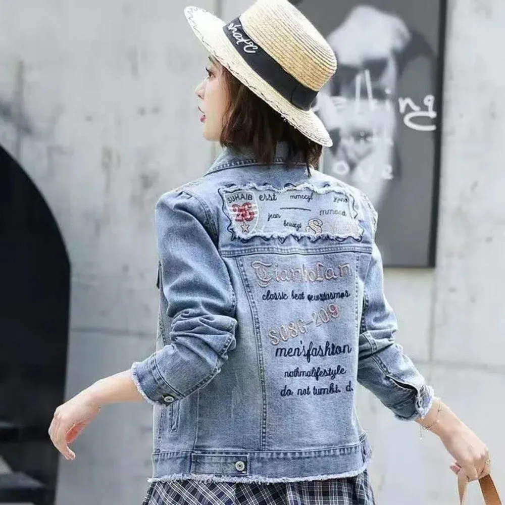 

Spring Autumn Denim Short Jacket Female Casual Slim Outerwear Vintage Embroidery Print Women's Jean Coat Tops Chaquetas Mujeres