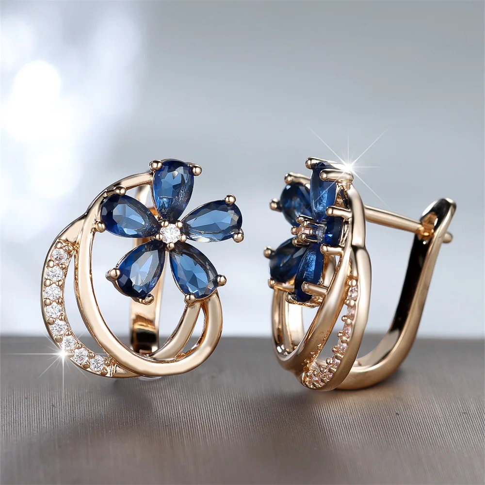 Female Cute Flower Blue Crystal Geometric Hoop Earrings For Women Vintage Gold Color Ear Buckle Wedding Jewelry Engagement Gifts