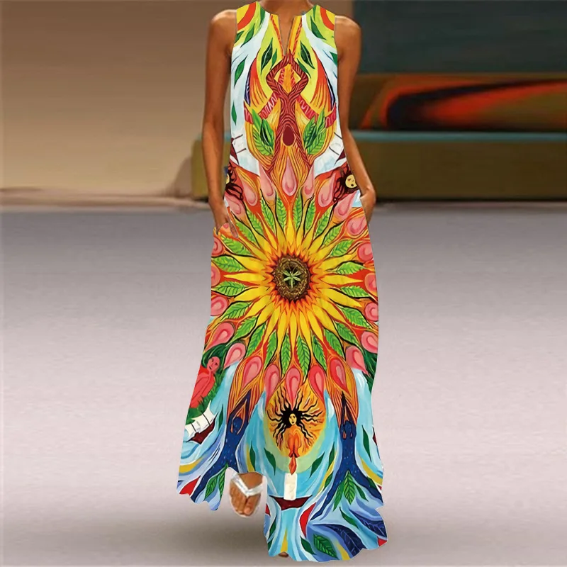 New Fashion  Women Summer Casual Ladies long Maxi Dress Sexy Plus size Dress Loose Sleeveless Printed Floral Party Dresses Women cute dresses