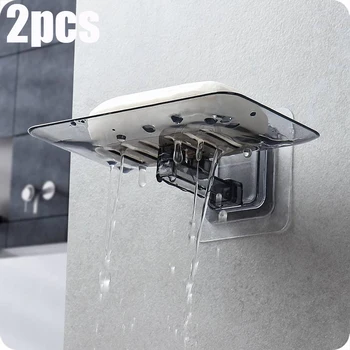 2pcs ชั้นวางสบู่ไม่มีเจาะติดผนัง Double Layer ผู้ถือสบู่สบู่ฟองน้ําจานอุปกรณ์ห้องน้ําจานสบู่ Self กาว 1