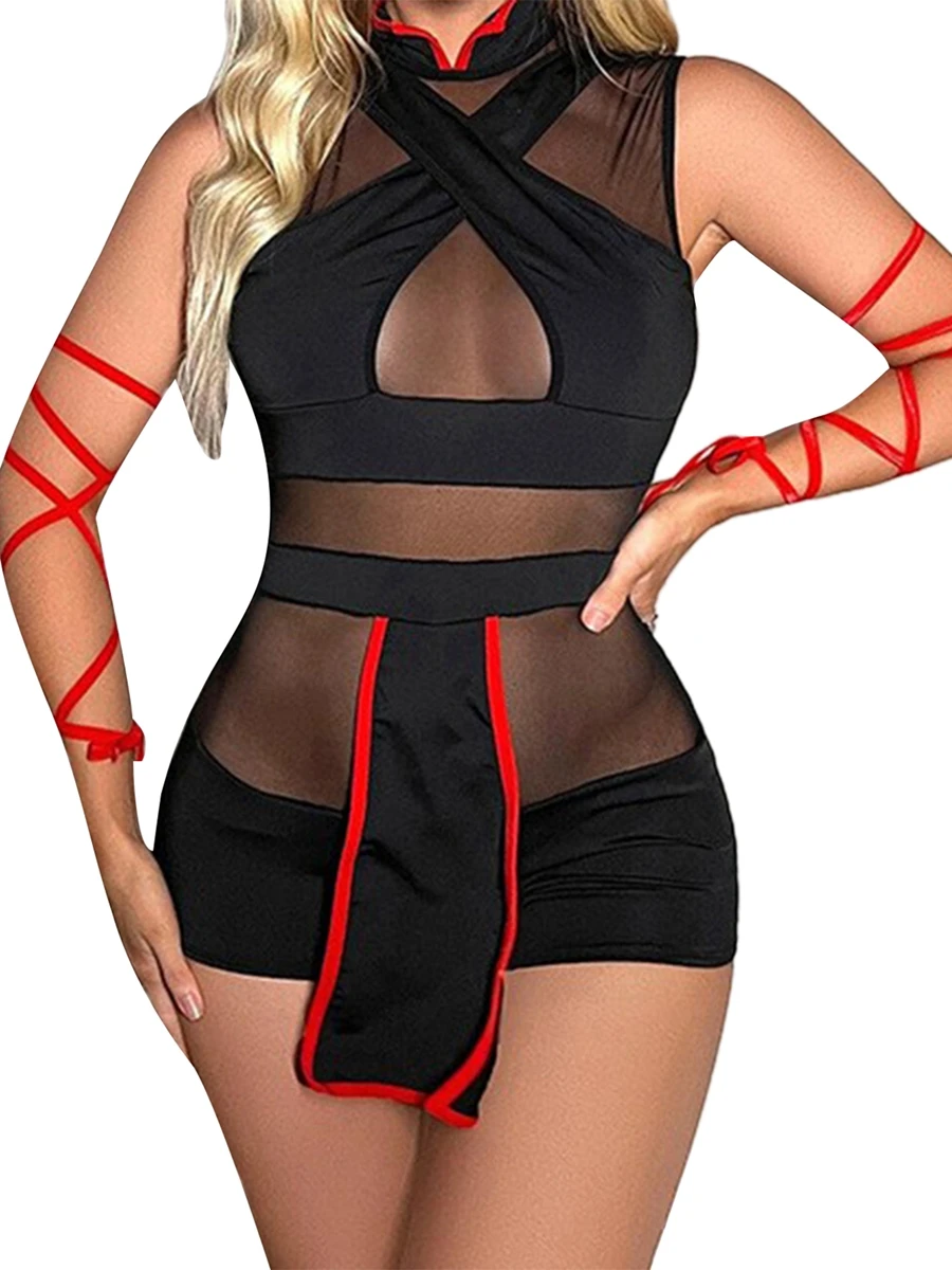 Women s Samurai Warrior Costume Sleeveless Mesh Panel Jumpsuit with Belted Waist and Thigh-High Boots for Halloween Cosplay
