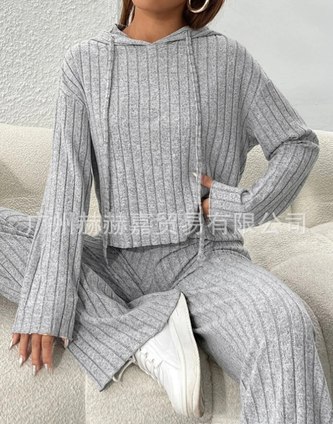 Hoodie Knitted Long Sleeve Loose Pants Two Piece Set New Fashion Hot Selling Women's 2023 Monochrome Stripes