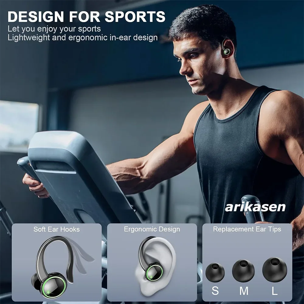 Headphones Bluetooth 5.3 Wireless Bass Stereo Over Ear Earbuds ENC Noise Cancelling Mic With Earhooks 48H Playback LED Display_voghion.com