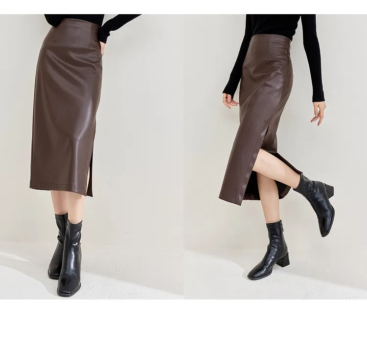 PU Vegan Leather Skirt coffee  Women’s luxury fall autumn Elegant high rise waist slit slim straight fit Lady temperament midi skirts for woman in brown Womens faux cowhide fashion 133Q50358
