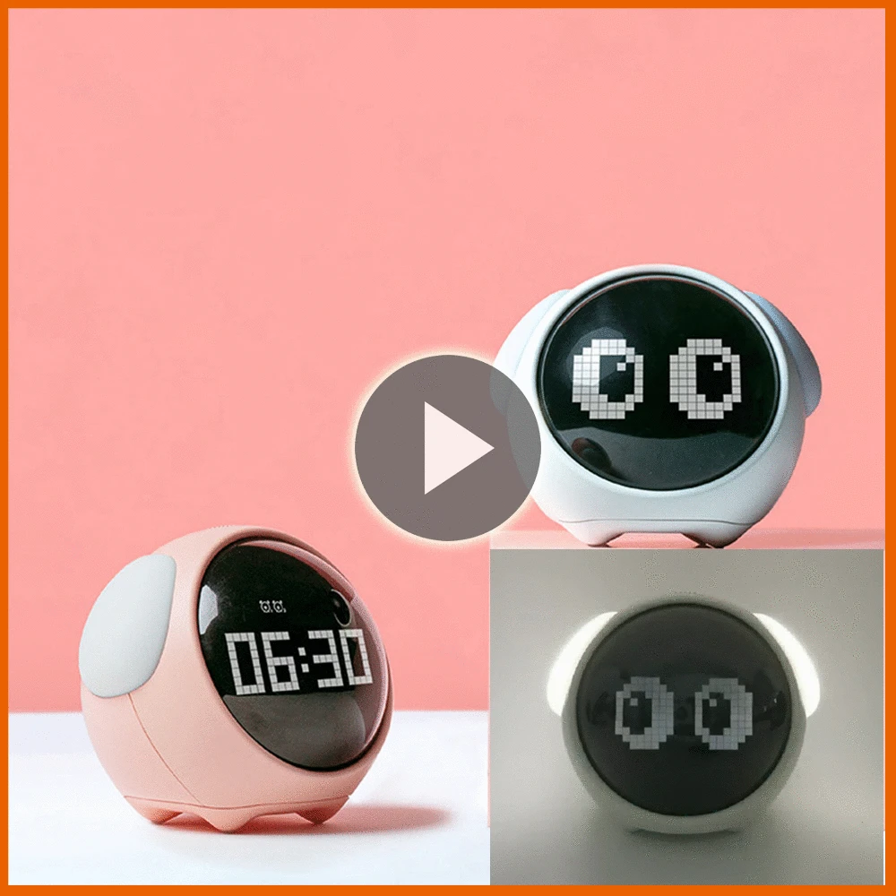 Digital Clock Table Clock Cute Expression Alarm Clock Child Multifunctional Bedside Voice Control Night Light Snooze Chargeable Child Alarm Clock
