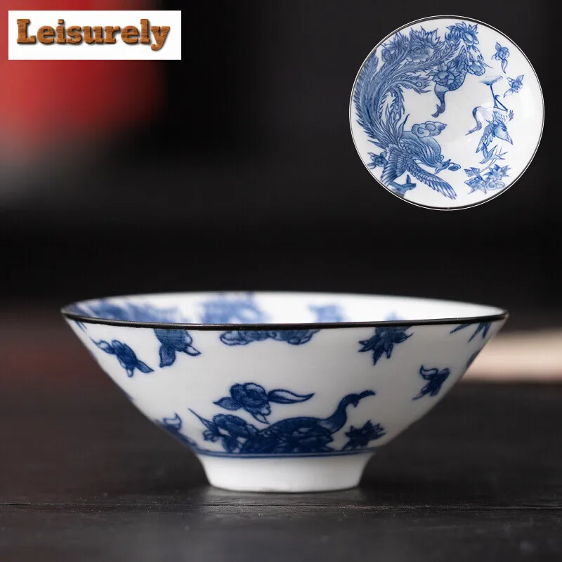 60ML Blue and White Porcelain Tea Cup Handmade Dragon Phoenix Fish Pavilion Chinese Kungfu Teacup Ceremony Teaware Master Cups