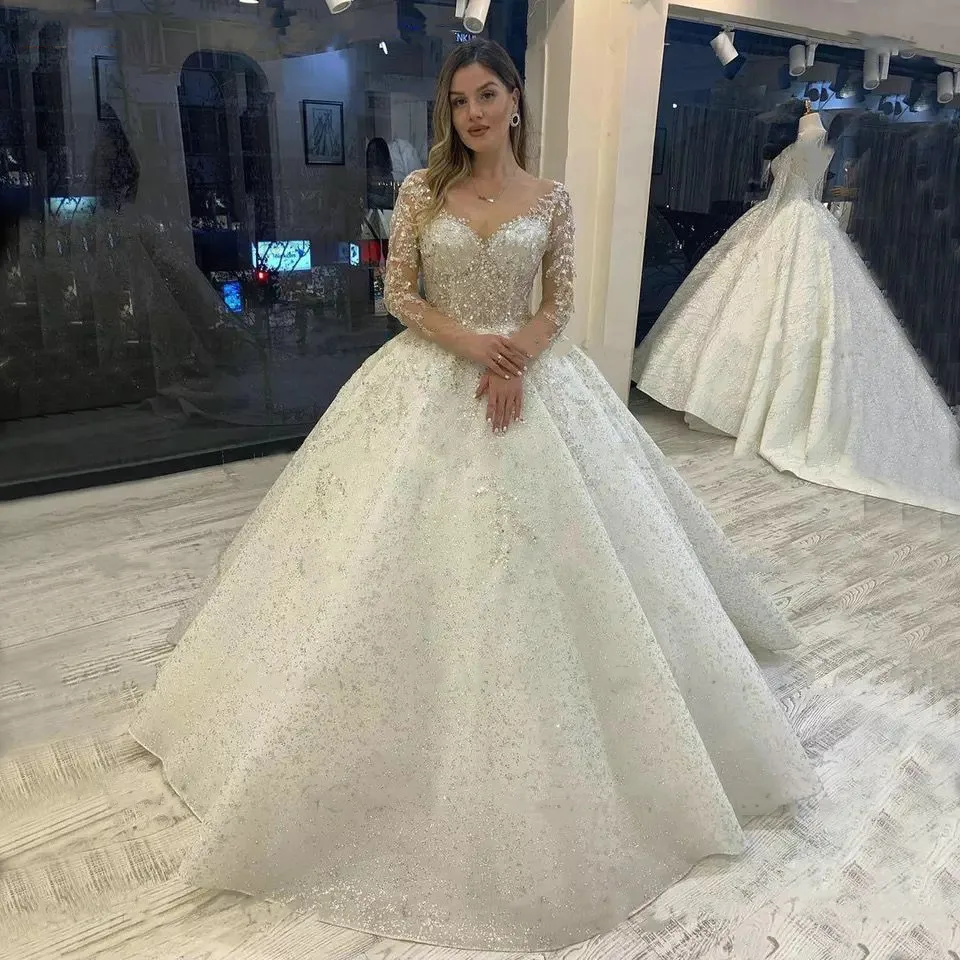 

Sparkly Crystal Wedding Dress Long Sleeves 2022 Vestido De Noiva Lace Up Pageant Beading Bridal Gowns Custom Made
