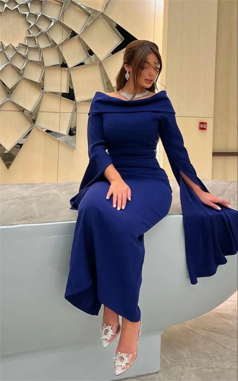 

Elegant Mermaid Evening Dresses Long Sleeves Prom Dresses O-Neck Ankle Length Simple Navy Blue Party Dresses for Women