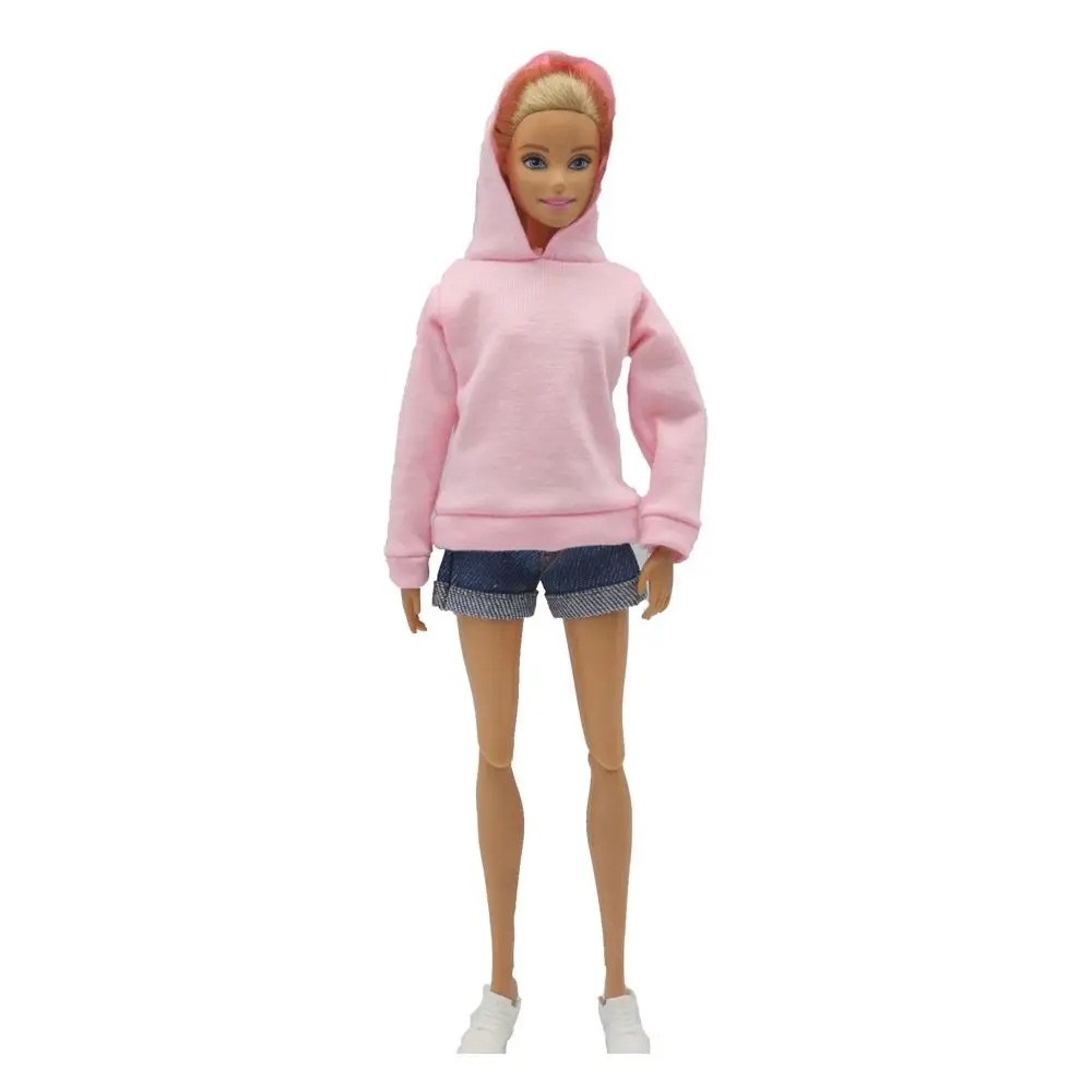 29Cm Poppenkleding Sweatshirt Kort Voor Barbie Outfits 1/6 Poppenaccessoires Effen Kleur Losse Capuchon Trui Denim Shorts Set