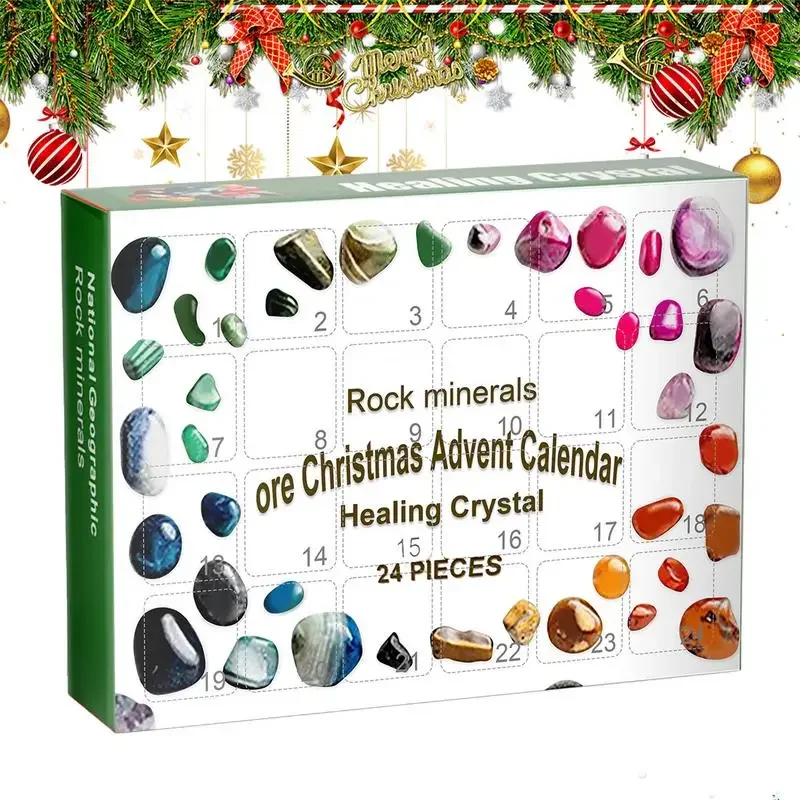 Stone Advent Calendar 24-Grid Natural Rock Mineral Crystal Collection 24 Day Christmas Countdown Calendars For Kid