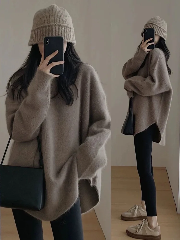 

Sweater Women Autumn Fashion O-neck Pullover Vintage Knitwear Lazy Style Solid Color Long Sleeved Simple Basic Chic Sweaters