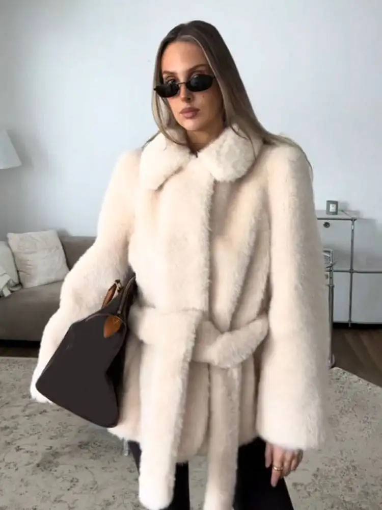 HH Women Elegant Solid Faux Fur Coats Casual Winter Warm Outwear Lapel Long Sleeve Jacket With Belt Fashion Female Streetwear