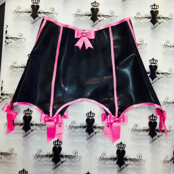 Latex rubber black pink bow garter sports sexy high waist panties 0.4mm S-XX