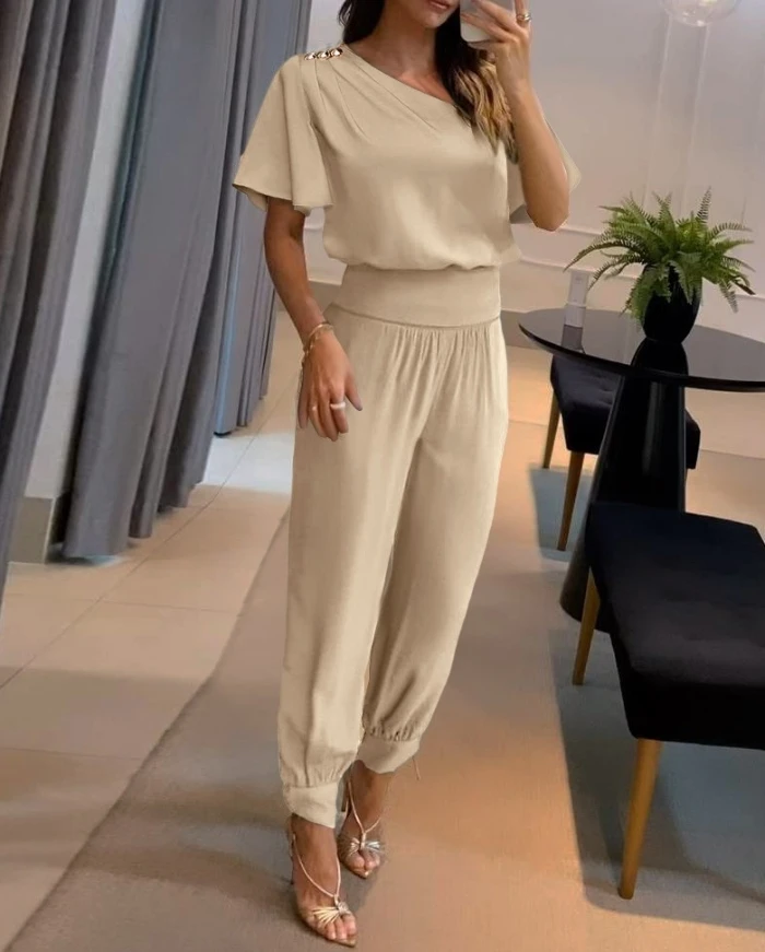 Bell Sleeve Ruched Top & High Waist Cuffed Asymmetrical Neck Pants Set 2024 for Women Spring Summer Elegant Style Clothing