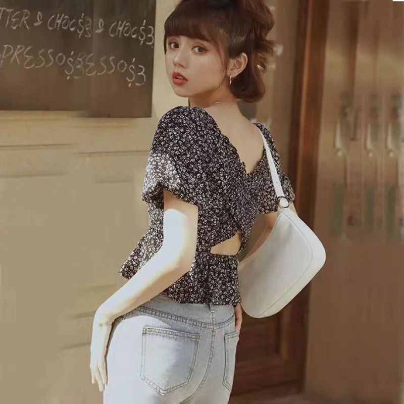 Backless Floral Chiffon Shirt for Women New 2021 Summer Wear Versatile Slim Fit Square Collar Puff Sleeve Pleated Top Clothes