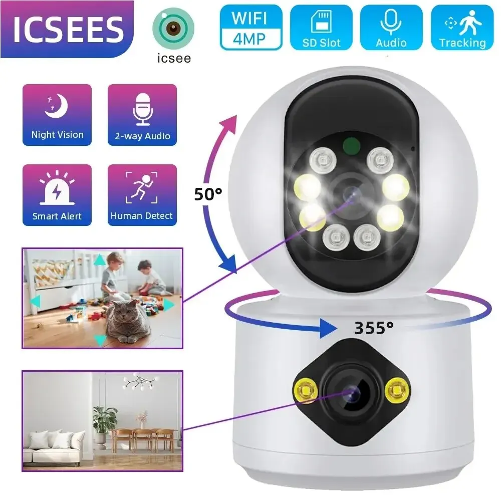 4Mp Dual Lens Ptz Camera Dual Screen Baby Monitor Auto Tracking Ai Rilevamento Umano Home Secuiryt Cctv Videosorveglianza