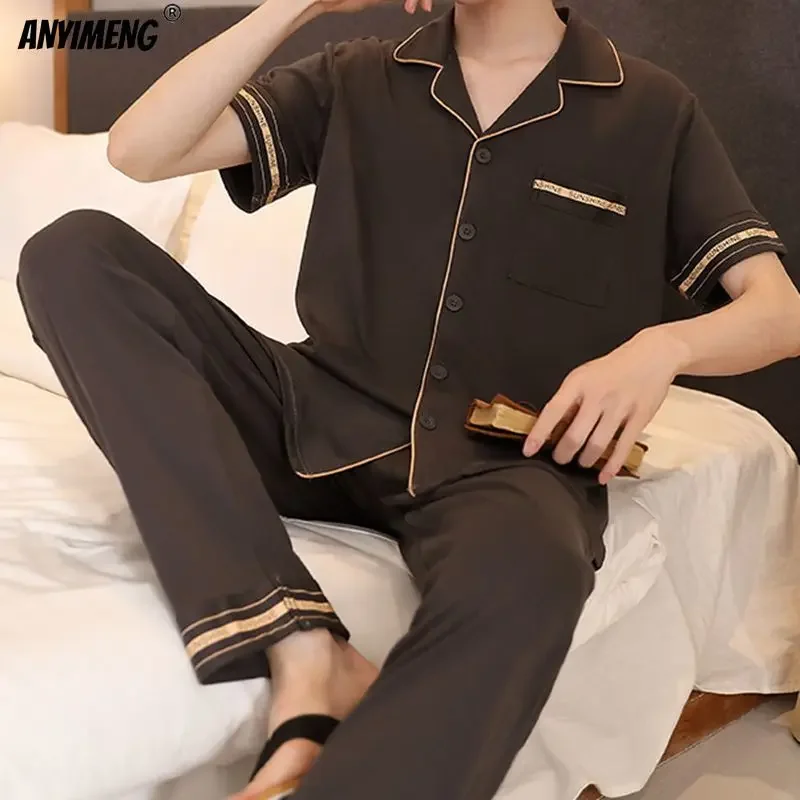 Pajama sets L-5XL Plus Size Mens Sleepwear Summer Short Sleeves Turn-down Collar Pajamas Set Gentleman Homewear Casual Cotton Pijamas