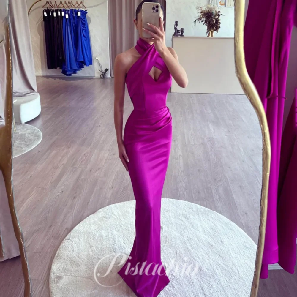 

Pistachio Sexy Sheath Prom Dress Halter Sleeveless Evening Gowns Simple Floor Length Party Dresses robes de soirée