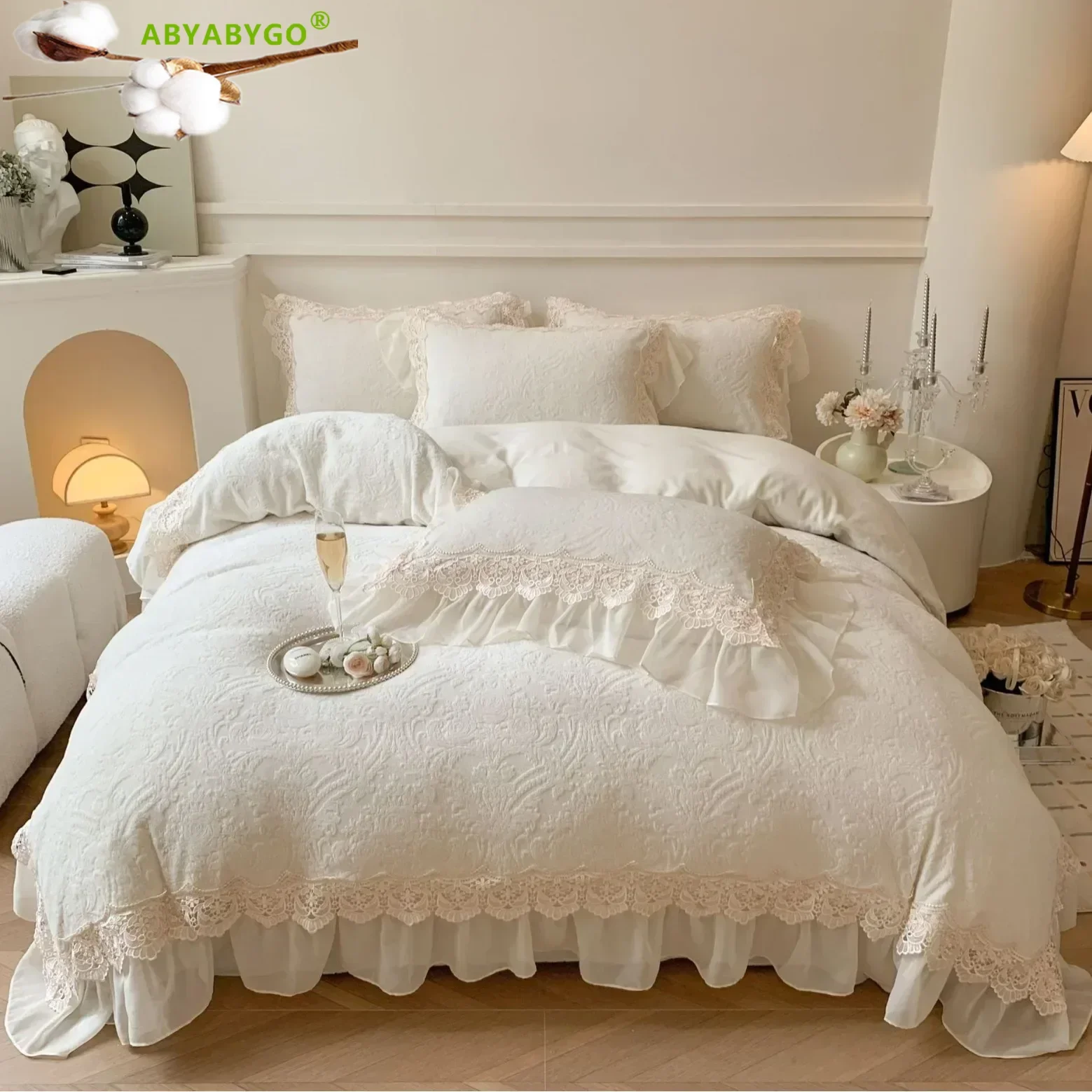 French Vintage Double Layer Lace Ruffles Carved Velvet Duvet Cover Set Winter Bedding Set Plush Quilt Cover Bed Sheet Pillowcase 2