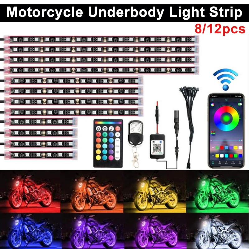 

8/12pcs Waterproof RGB MultiColor Motorcycle Underbody Light Strips Kit with Remote Control