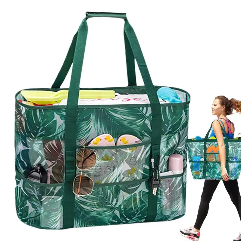 

Большая вместительная сумка-тоут для пляжа, сетчатая хозяйственная сумка, многоразовая легкая портативная Сумочка для хранения, с несколькими карманами, для