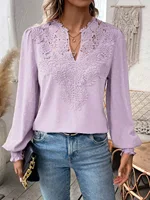 Womens Long Sleeve Sweaters Fall 2024 Trendy Sexy Lace V Neck Puff Sleeve Pullover Sweater Cute Tops - Image 2