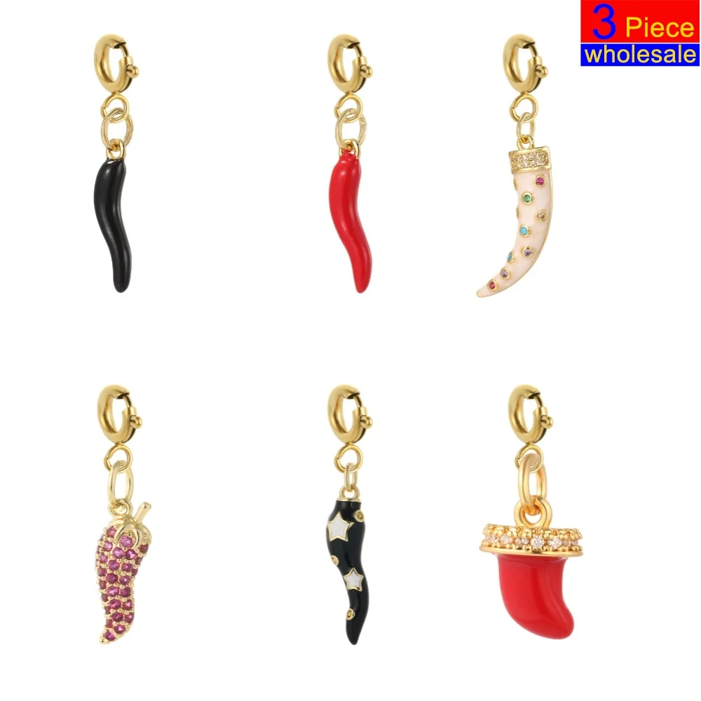 3 Stück Edelstahl-Federschnalle, böhmische süße Emaille, bunte Chili-Charms, goldener Anhänger, DIY-Halskette, Schlüsselanhänger-Zubehör