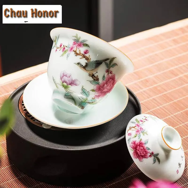 175ml Jingdezhen Porcelain Art Bird Gaiwan Ceramic Tea Maker Flower Tea Bowl With Saucer Lid Master Tea Tureen Drinkware Gift
