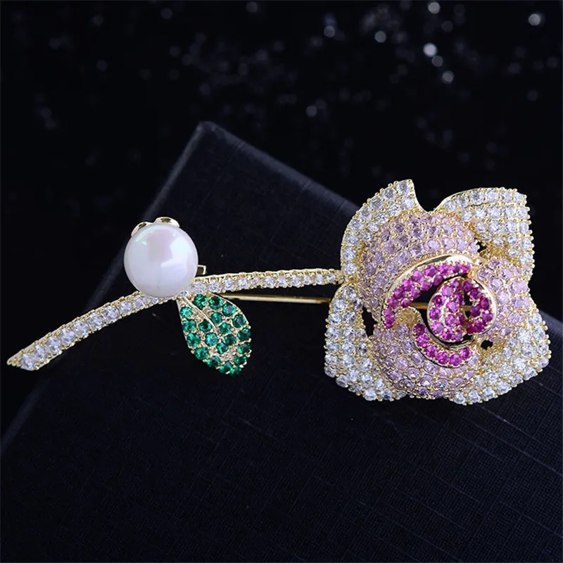 Micro Pave Cubic Zirconia Romantic Sweet Rose Flower Corsage Jewelry For Women Brand Design Luxury Wedding Party Brooches Pins