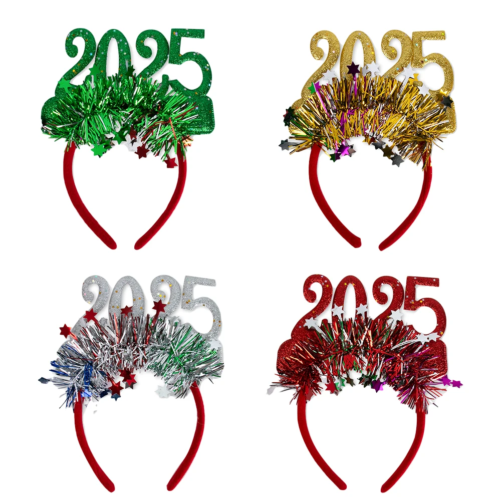 Happy New Year Headband Glitter Sequins Christmas Headdress New Year Hair Hoop for Years Eve Party Xmas Noel Photo Prop