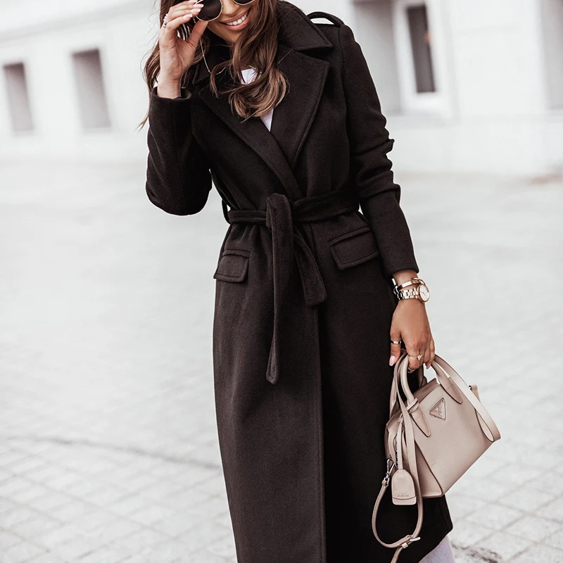 New Long Sleeve Outerwear Women Simple Lace-up Solid Long Cardigan Coats Autumn Winter Elegant Lapel Wool & Blends Jacket Tops