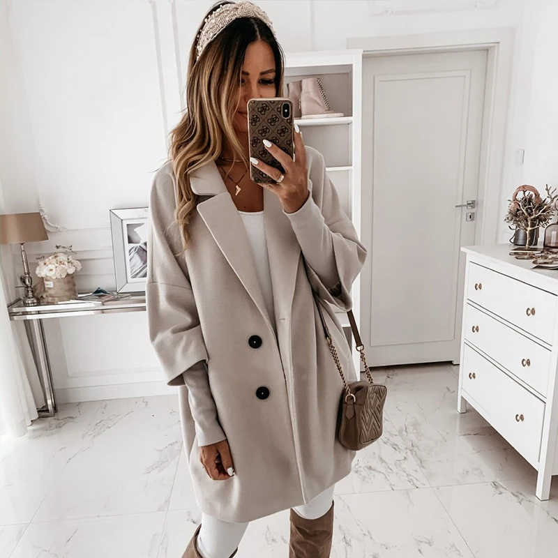 Autumn Loose Woolen Blends Coats Winter Casual Three Quarter Sleeve Coat Women Single-Breasted Outwear Loose Long Overcoats 2024