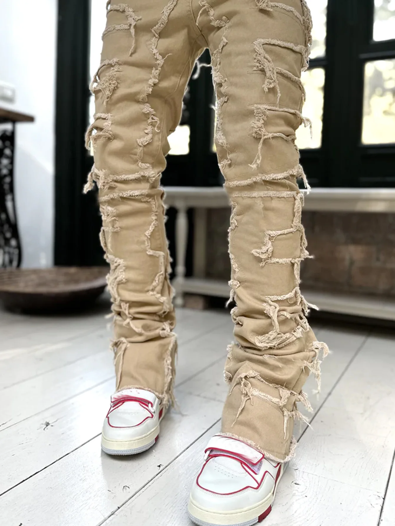 Ripped Patchwork Jeans Ripped Jeans Men's Regular Fit Stacked Ripped Slim Fit Patch Distressed Destroyed Straight Denim Pants Hip Hop Streetwear Trouser Cloth