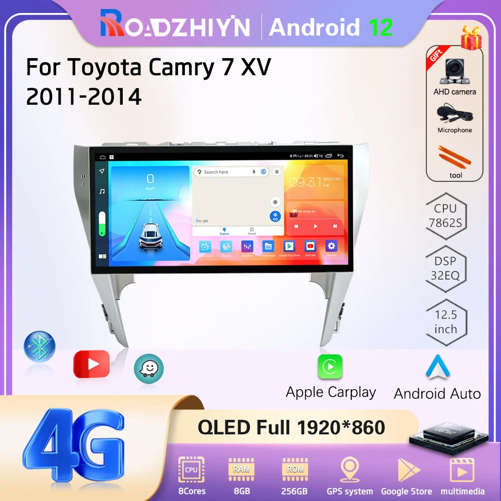 

12.5 inch Android12 For Toyota Camry 7 XV 50 55 2011-2014 Car Multimedia Video Player GPS Navigation 8+256G Carplay 4G 360Camera