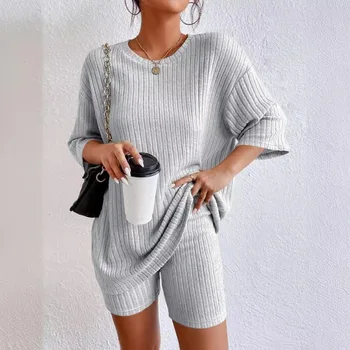 Fashionable Knitted Loose Casual Round Neck Summer Shorts Top Set Women'S Clothing Comfortable Breathable Solid Color Shorts Set 1