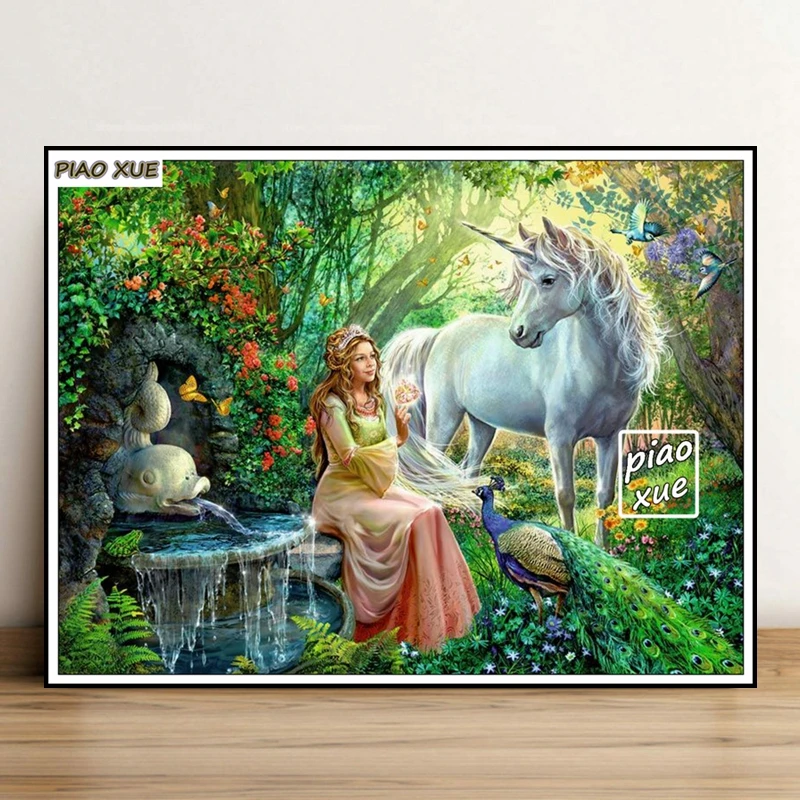 妖精の王女とユニコーンダイヤモンド絵画アート魔法の森の城モザイク