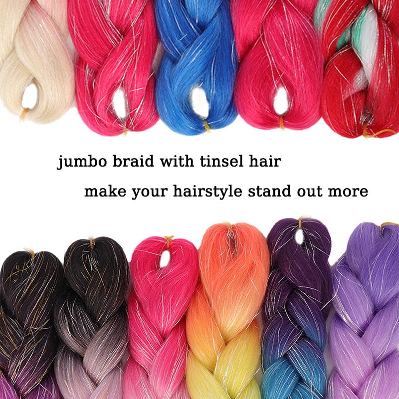 24inch Braiding Hair Extensions Wig Hairpiece Jumbo Braids Colored Hair Extensions with Tinsel Hair for Chrismas Party Wear