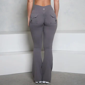 BUM Grey Pocket Flare Scrunch Butt Pants PB Women Tight-Fit Sexy Slim High Waist Pants Push Up Sport Fitness Flare Leggings 1
