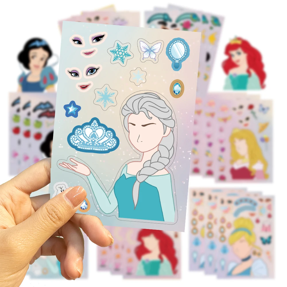 8/16sheets Make a Face Kawaii Disney Princess Stickers DIY Ariel Frozen Cartoon Decal Scrapbooking Wall Suitcase Girls Toys Gift