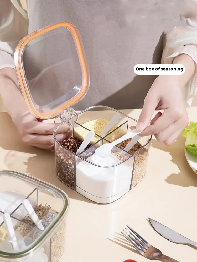 Description Picture 2 of item4 Grids Salt Pepper Seasoning Box Transparent Lid Spice Jar Chili Powder Sugar Bowl Condiments Storage Container Kitchen Gadgets