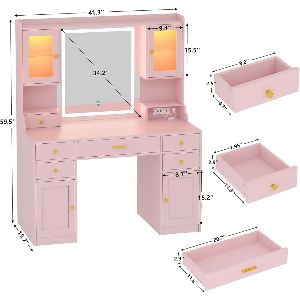 Vanity Desk, 41.3" Makeup Vanity Table with Power Outlet and Lots Storage, 6 Drawers and Storage Shelves, Dressing Table, Pink 5