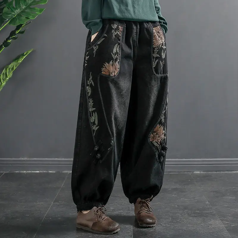 2023 Spring and Autumn Vintage Literature and Art Ethnic Style Patchwork Printed High Waist Pocket Loose Versatile Radish Jeans