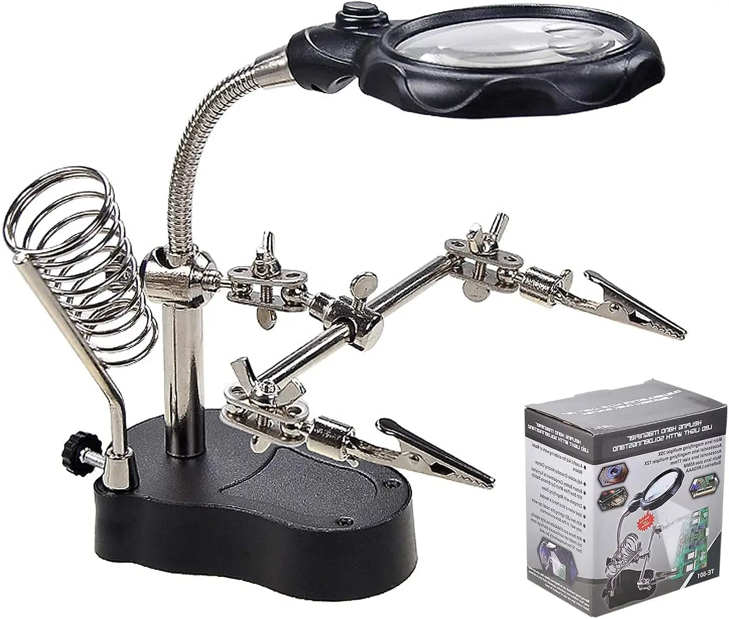 Desktop Magnifying Glass Soldering Station Adjustable Helping Hands 3.5X 12X Magnifier with LED Light and Alligator Clips