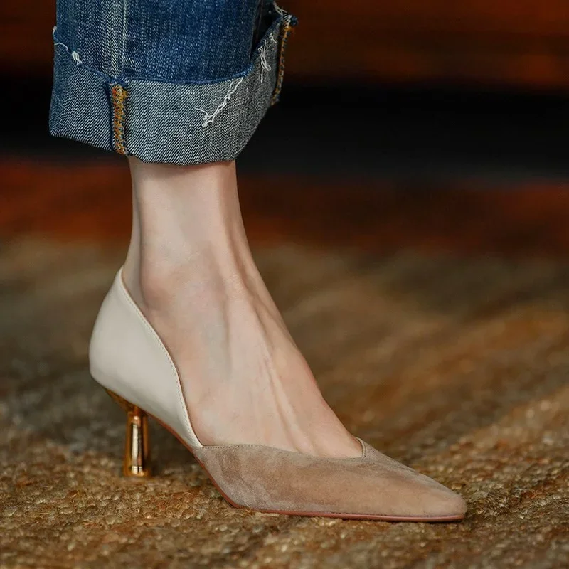 French High Heel Shoes Women's Spring Autumn 2023 New Slim Heel Pointed Mix Colors Work Pumps Retro Shallow Fashion Single Shoes