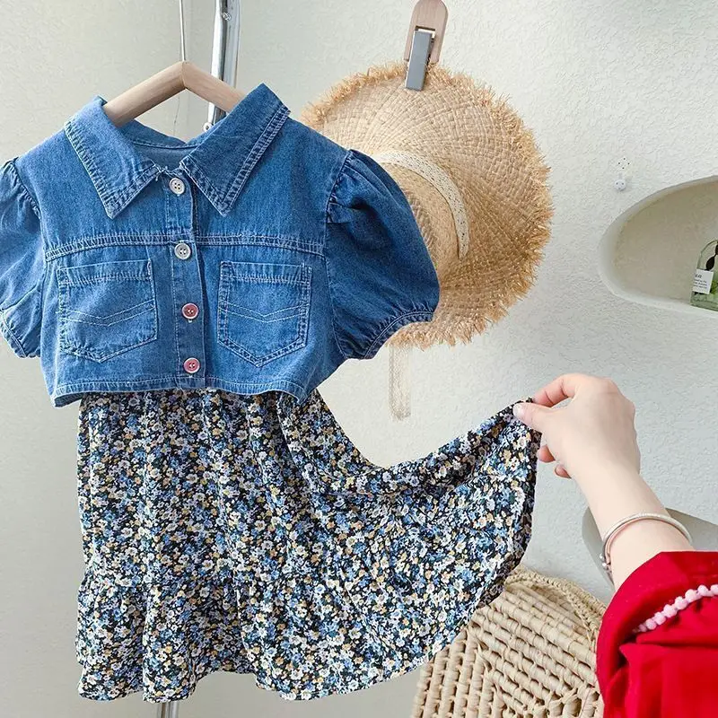 

2pcs Girl Kids Dress Girls Dress Sets Floral Print Dress and Ruffled Long-sleeve Denim Cardigan Set Dresses