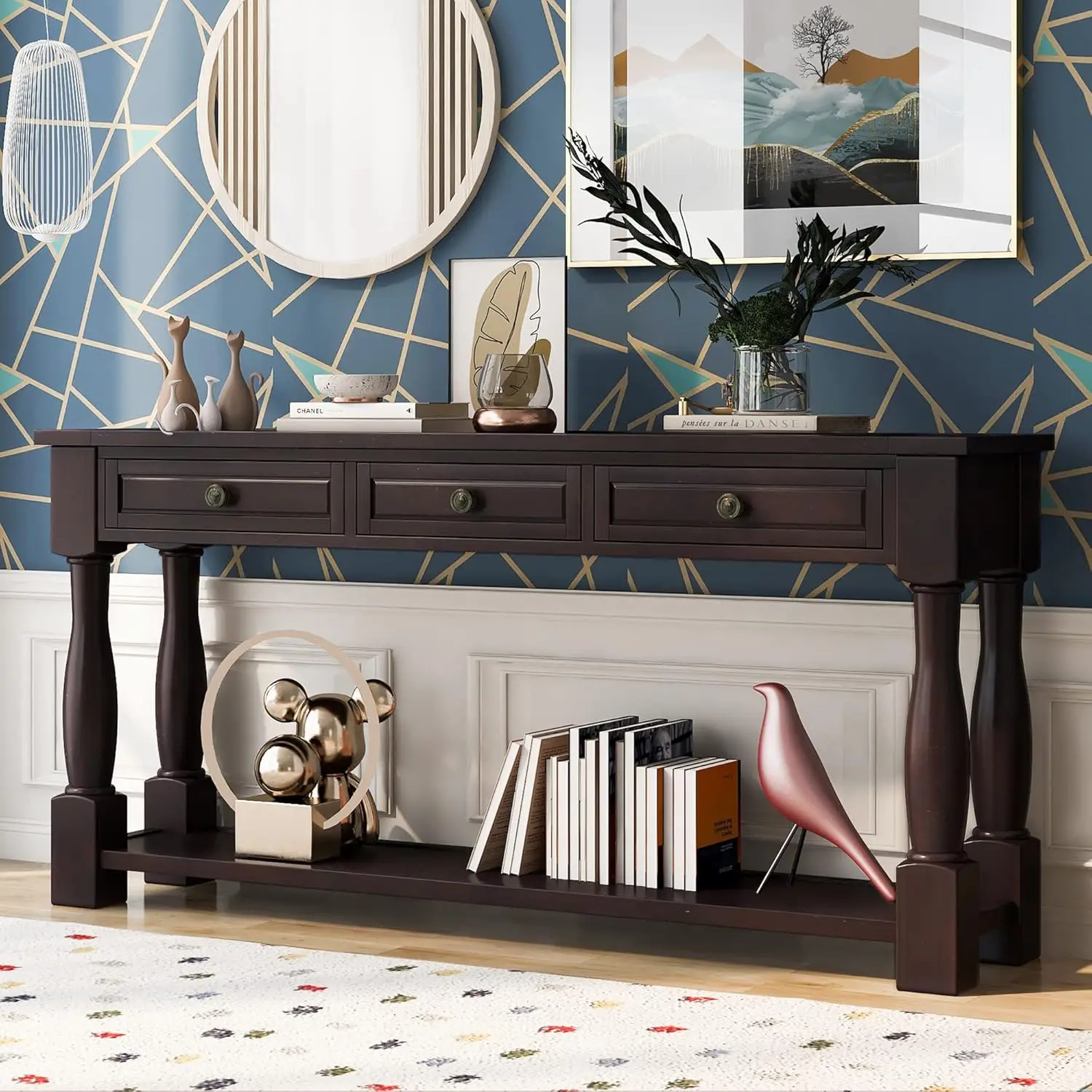 Console Table for Entryway Wood Sofa Table Storage Drawers Bottom Shelf for Hallway Living Room