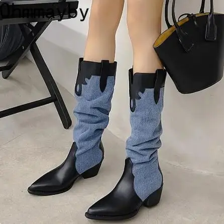 

New Winter Pointed Toe Woman Western Cowgirl Boot Fashion Slip on Square Mid Heel Shoes Ladies Elegant Long Booties