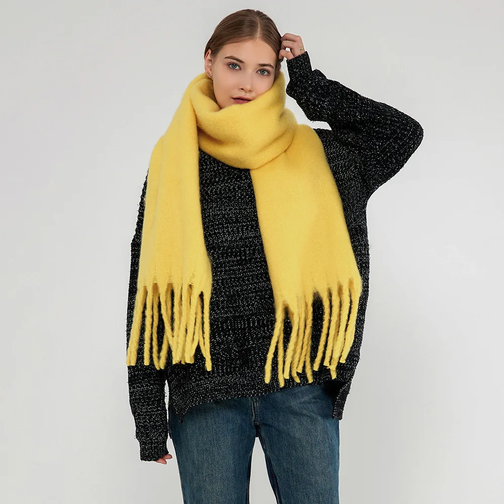 

Soft Mohair Scarf Female Fashion Simple With Thick Warm Braid Tassel Long Muffler Winter Pure Color Imitation Cashmere Scarves