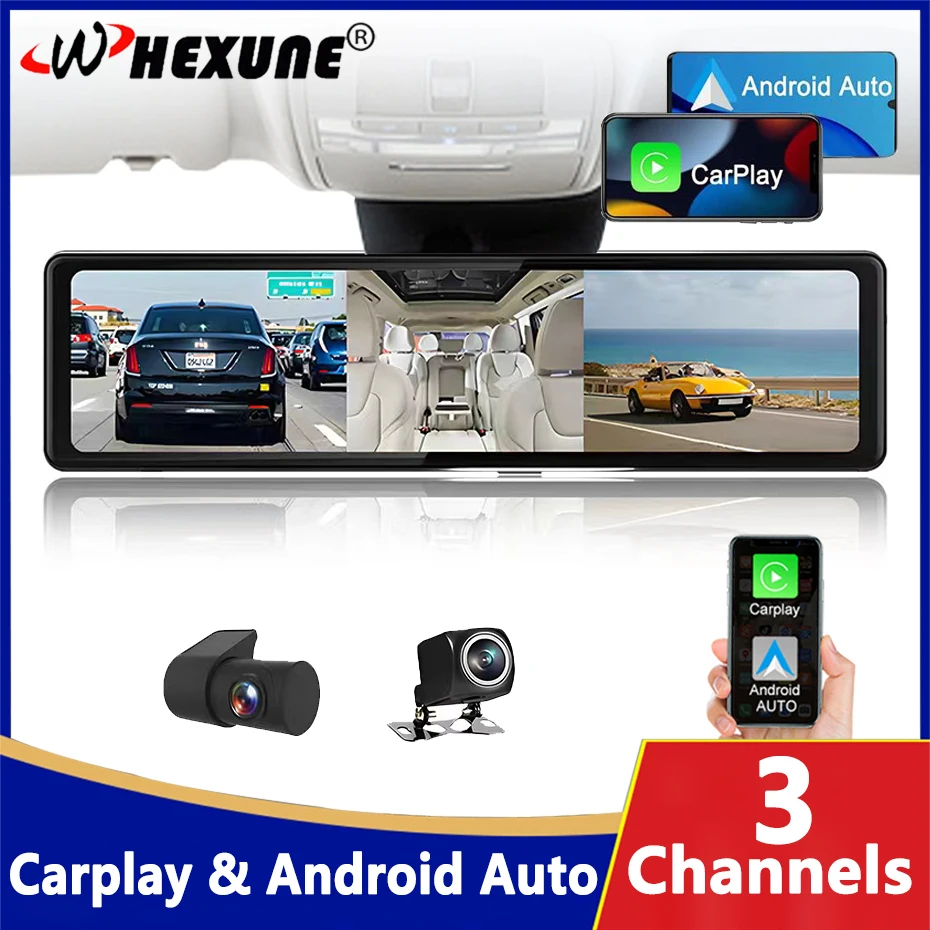 3 Telecamere Wifi Dash Cam Wireless Carplay E Android Auto 1440P Specchietto Retrovisore Navigatore Gps Car Dvr Registrazione Video Trasmissione Fm