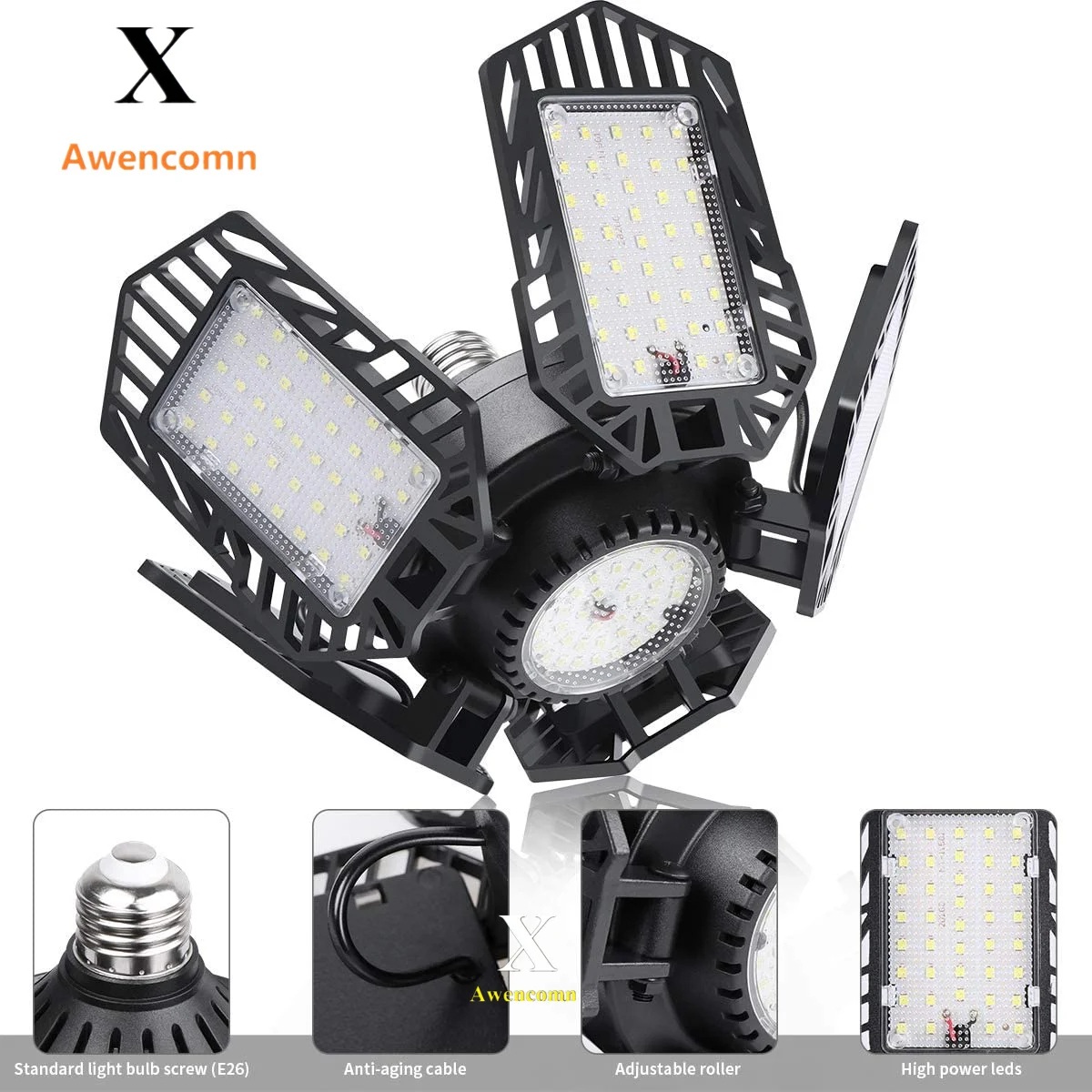 

LED Garage Light 2 Packs Fixture 5 Foldable Panels Garage Lighting Bulb E26/E27 Screw Socket for Ceiling Workshop Warehouse
